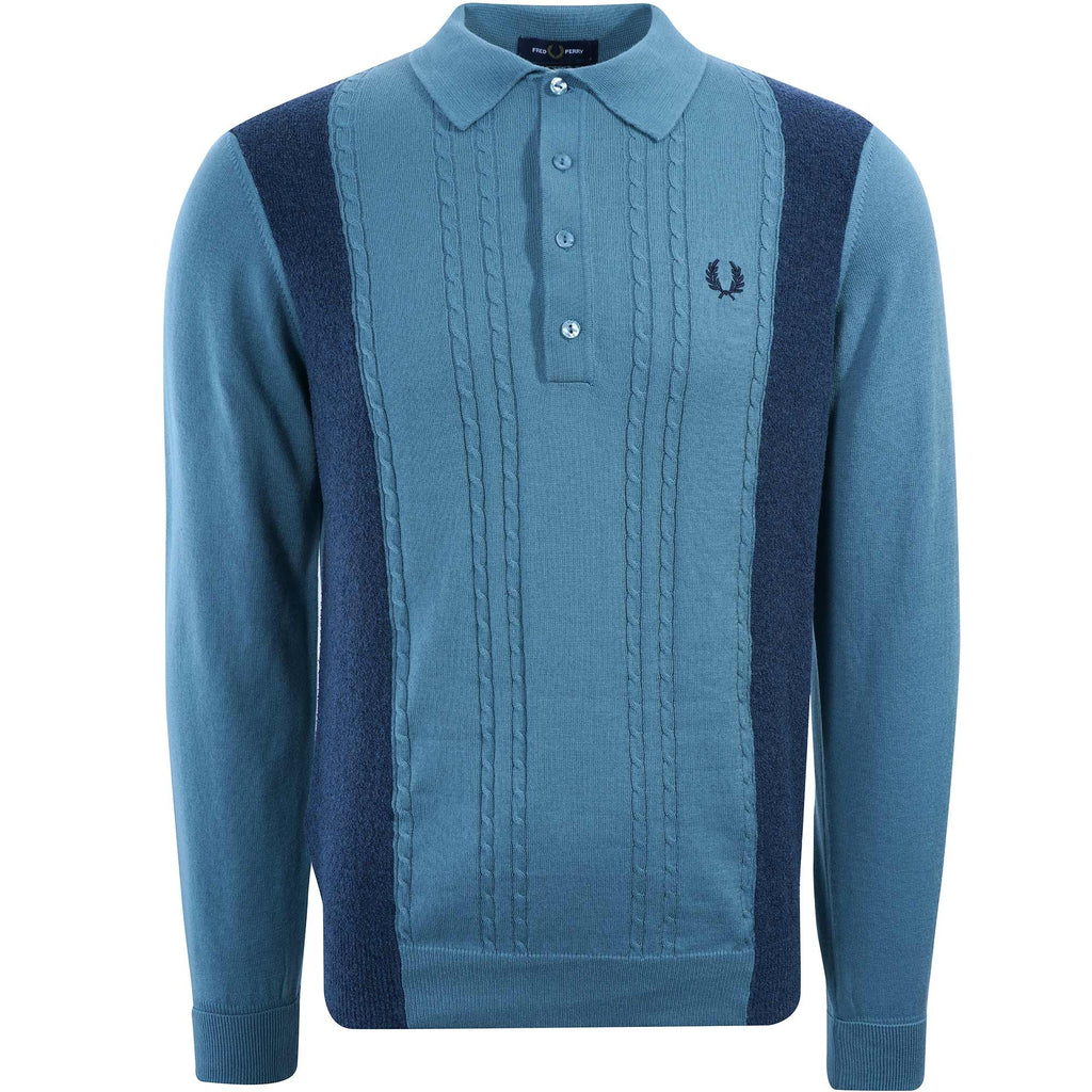 Fred Perry Reissues K3 Panelled Cable Knit Polo Shirt - Ash Blue