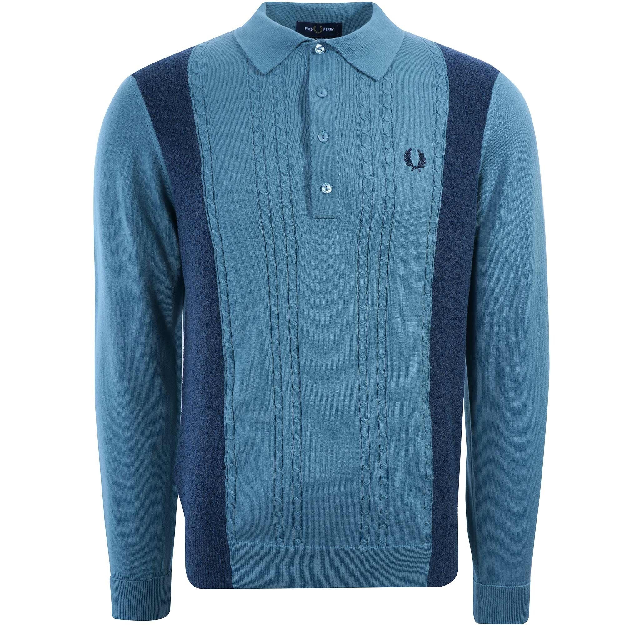 Fred Perry Reissues K3 Panelled Cable Knit Polo Shirt - Ash Blue