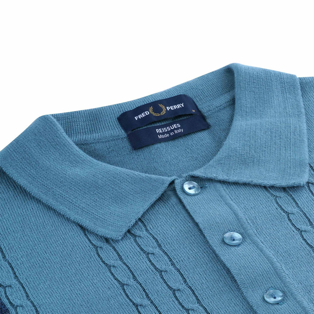 Fred Perry Reissues K3 Panelled Cable Knit Polo Shirt - Ash Blue