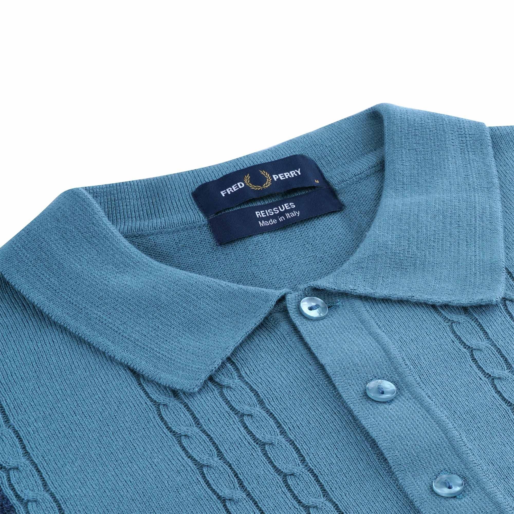 Fred Perry Reissues K3 Panelled Cable Knit Polo Shirt - Ash Blue