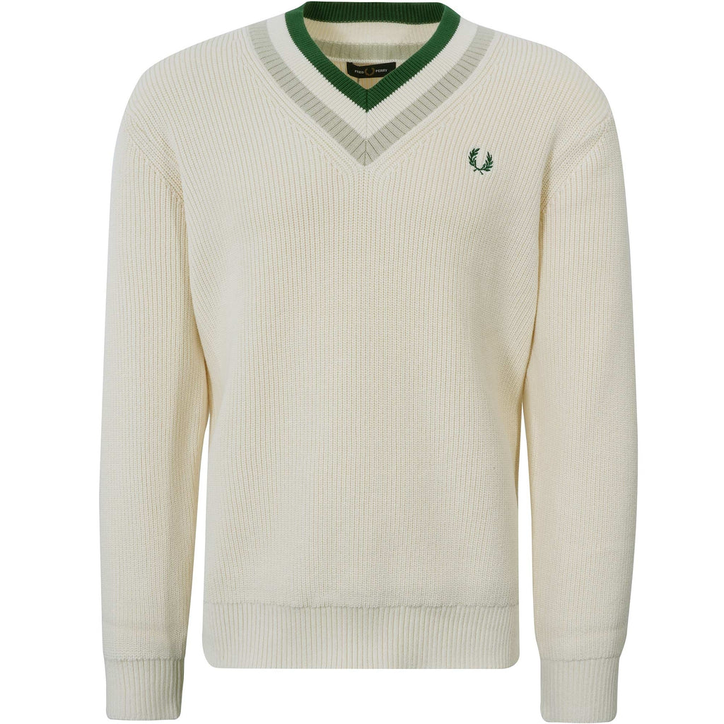 Fred Perry Striped V-Neck Jumper - Ecru