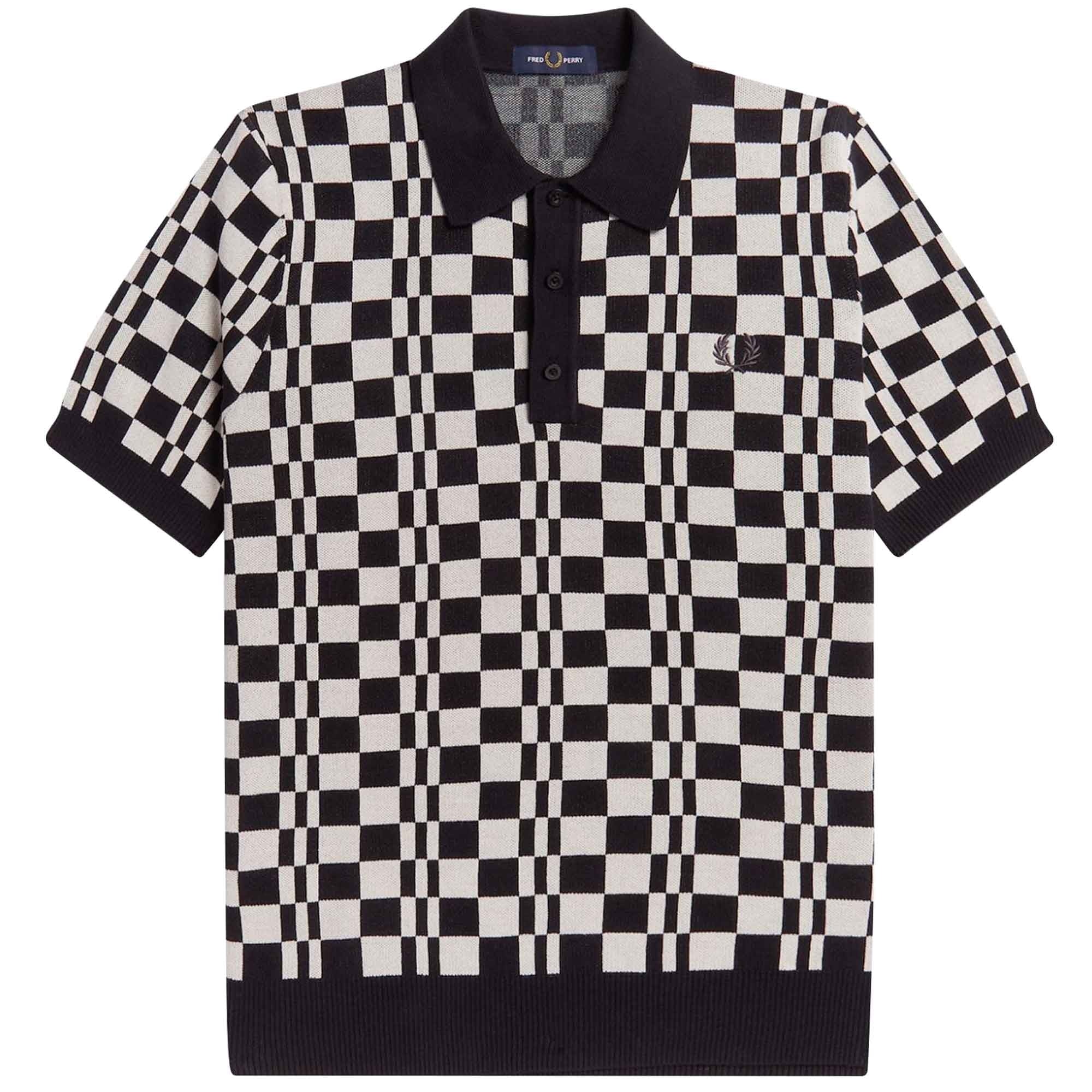 Fred Perry K4 Chequerboard Knitted Polo Shirt - Black/Ecru