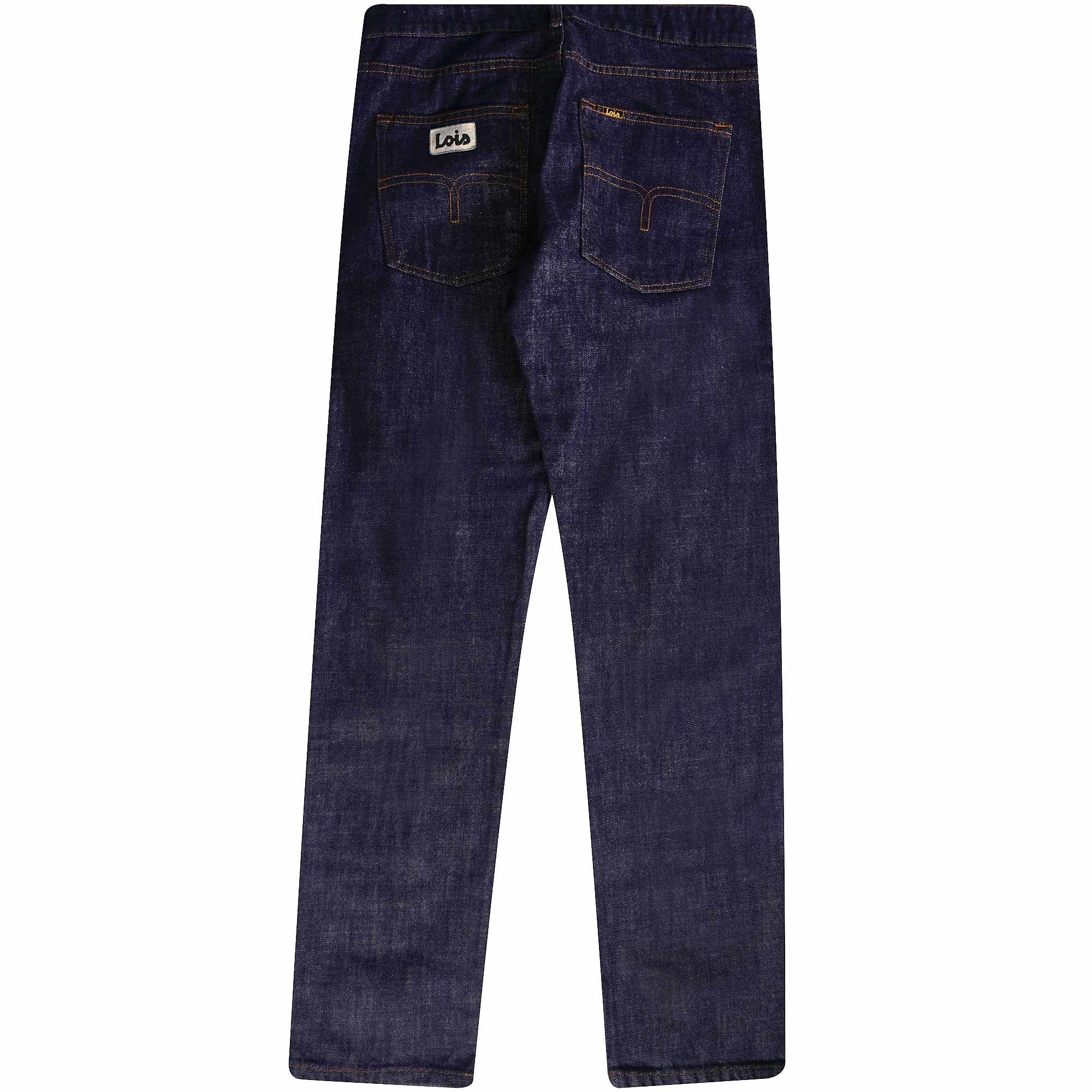 Rear full view of men's dark blue straight-leg jeans with back pockets and brand label.