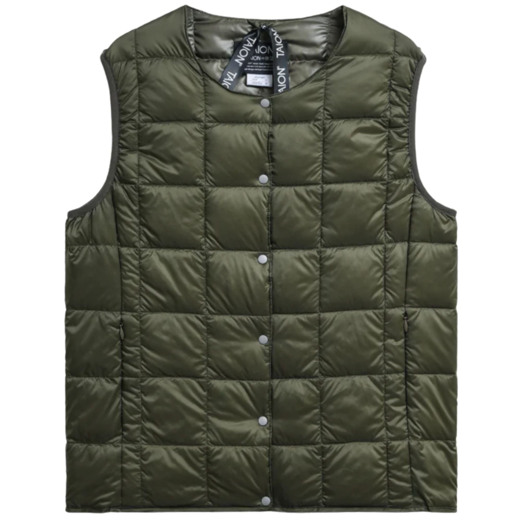 Taion Womens Crew Neck Button Inner Down Vest - Dark Olive