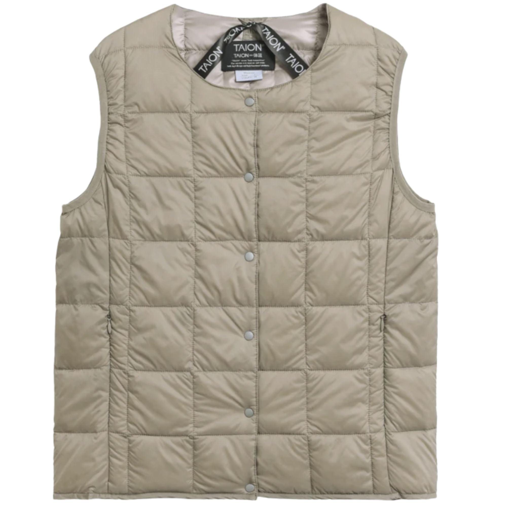 Taion Womens Crew Neck Button Inner Down Vest - Khaki