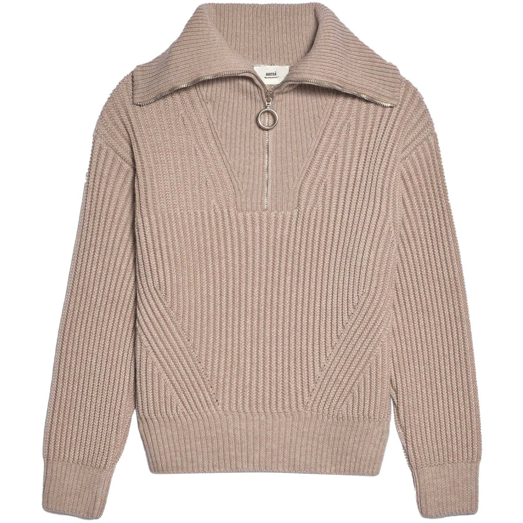 AMI Zipped Collar Ribbed Jumper - Beige