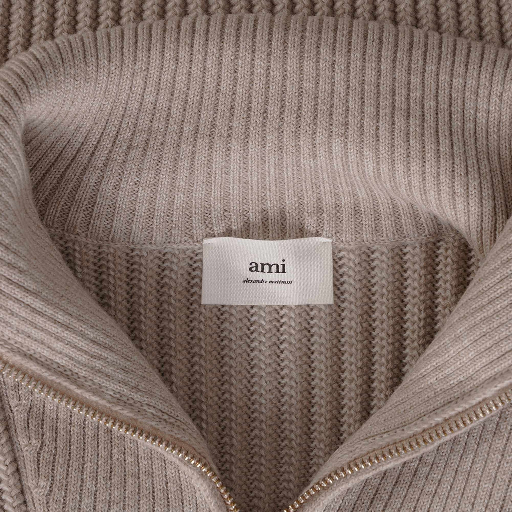 AMI Zipped Collar Ribbed Jumper - Beige