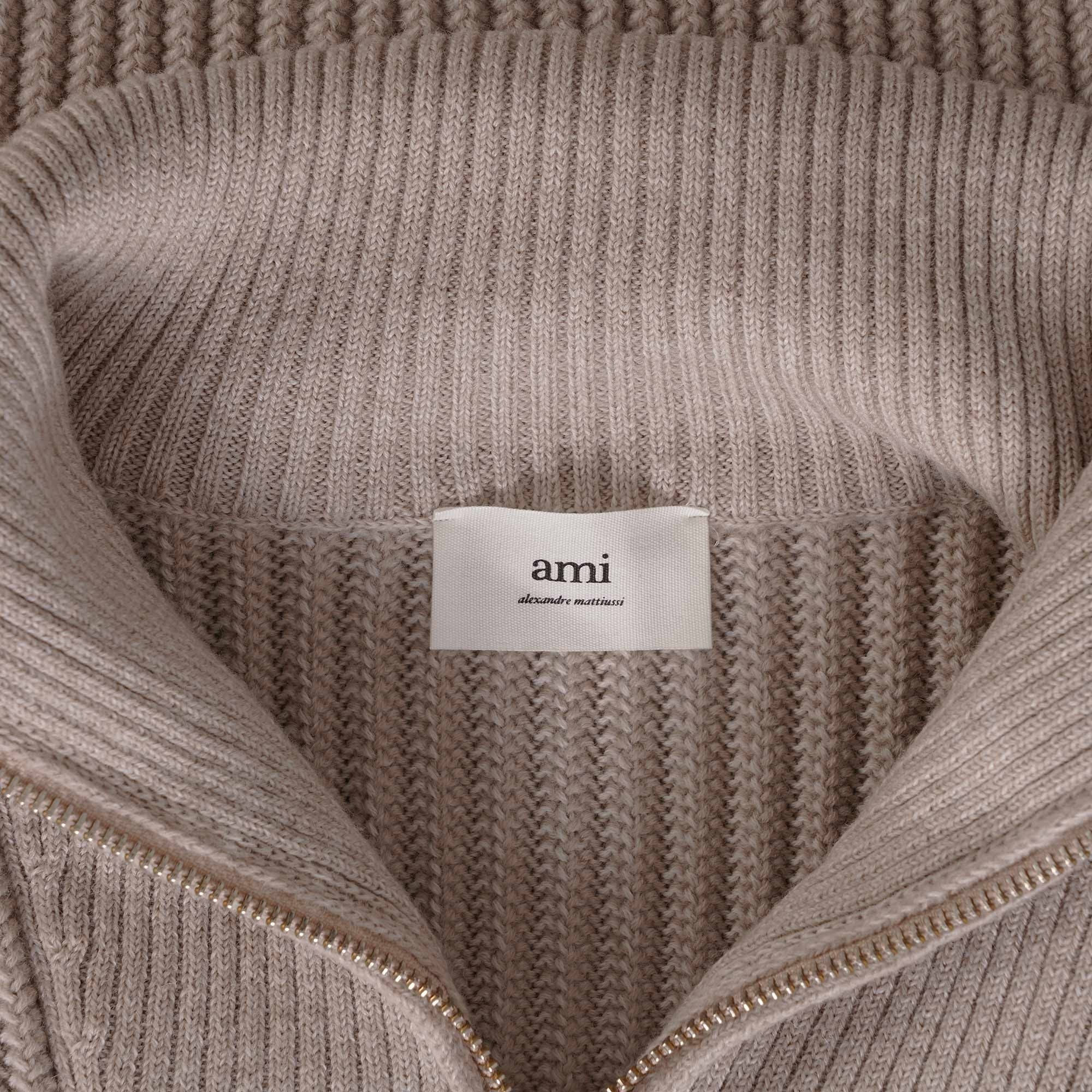 AMI Zipped Collar Ribbed Jumper - Beige