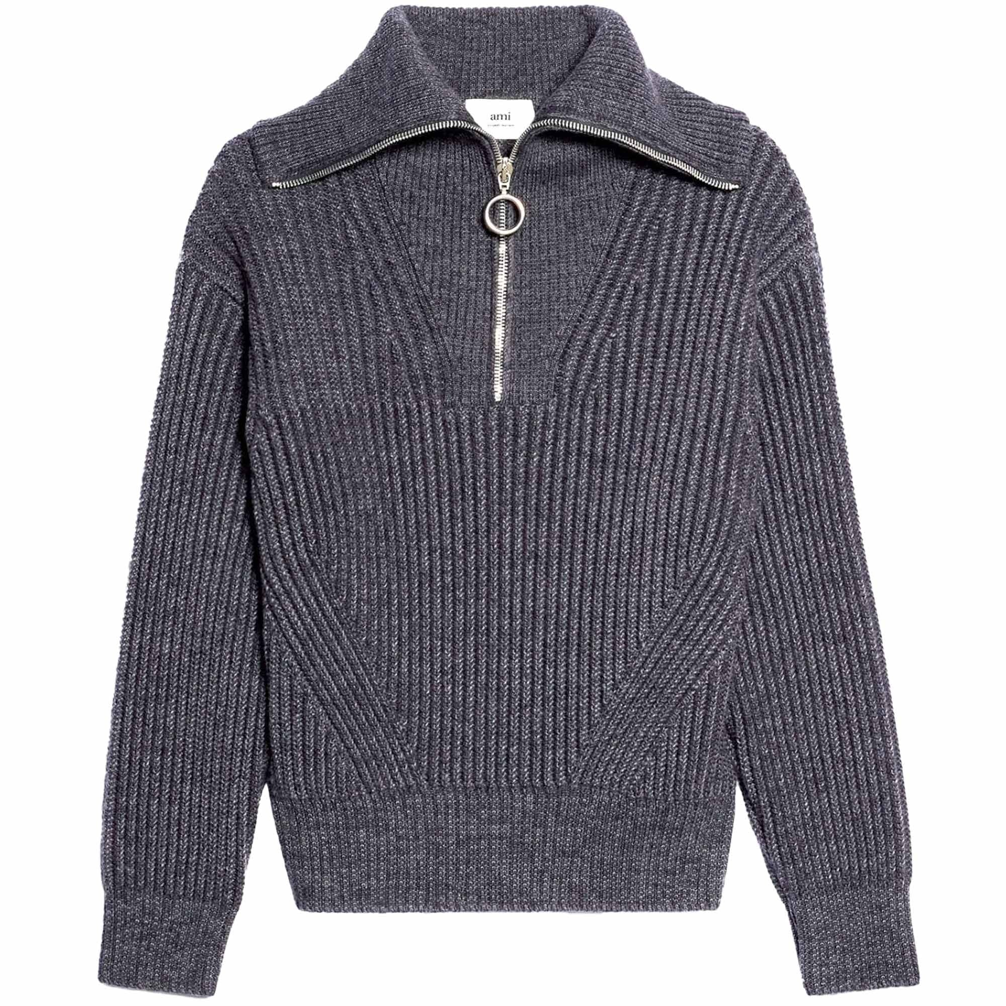AMI Zipped Collar Ribbed Jumper - Heather Grey