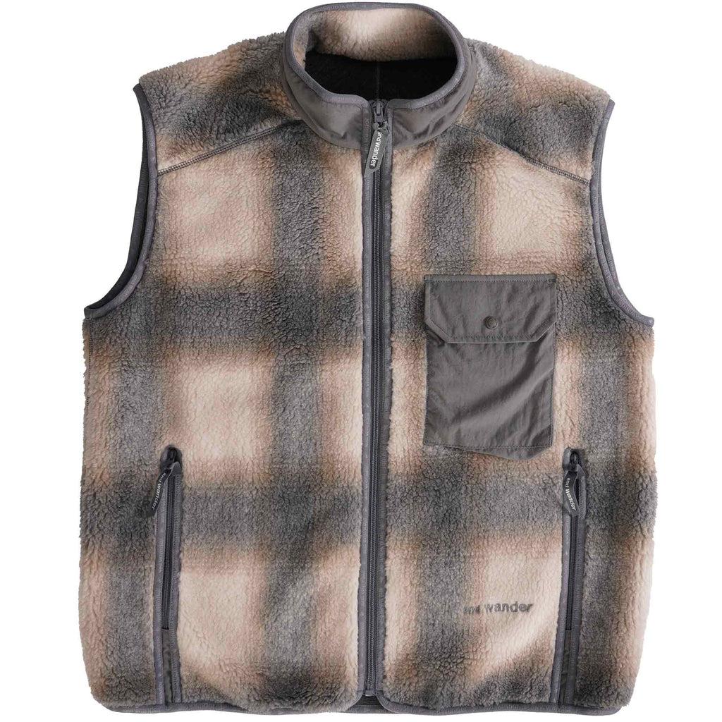 And Wander Checked Fleece Gilet - Grey