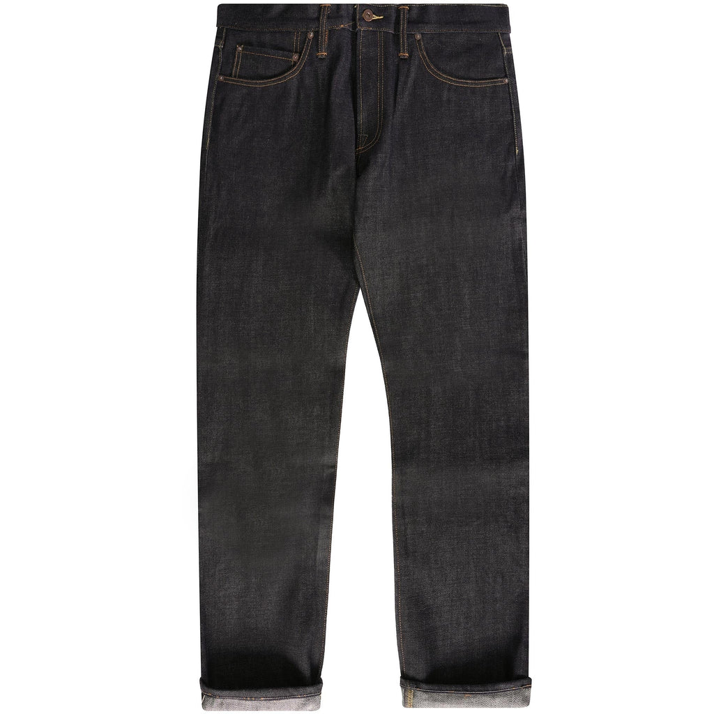Full view of black denim jeans, showcasing their dark wash and classic cut.