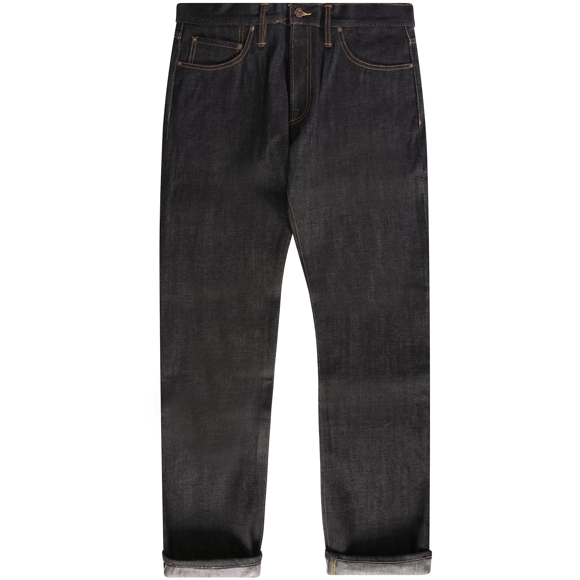Full view of black denim jeans, showcasing their dark wash and classic cut.