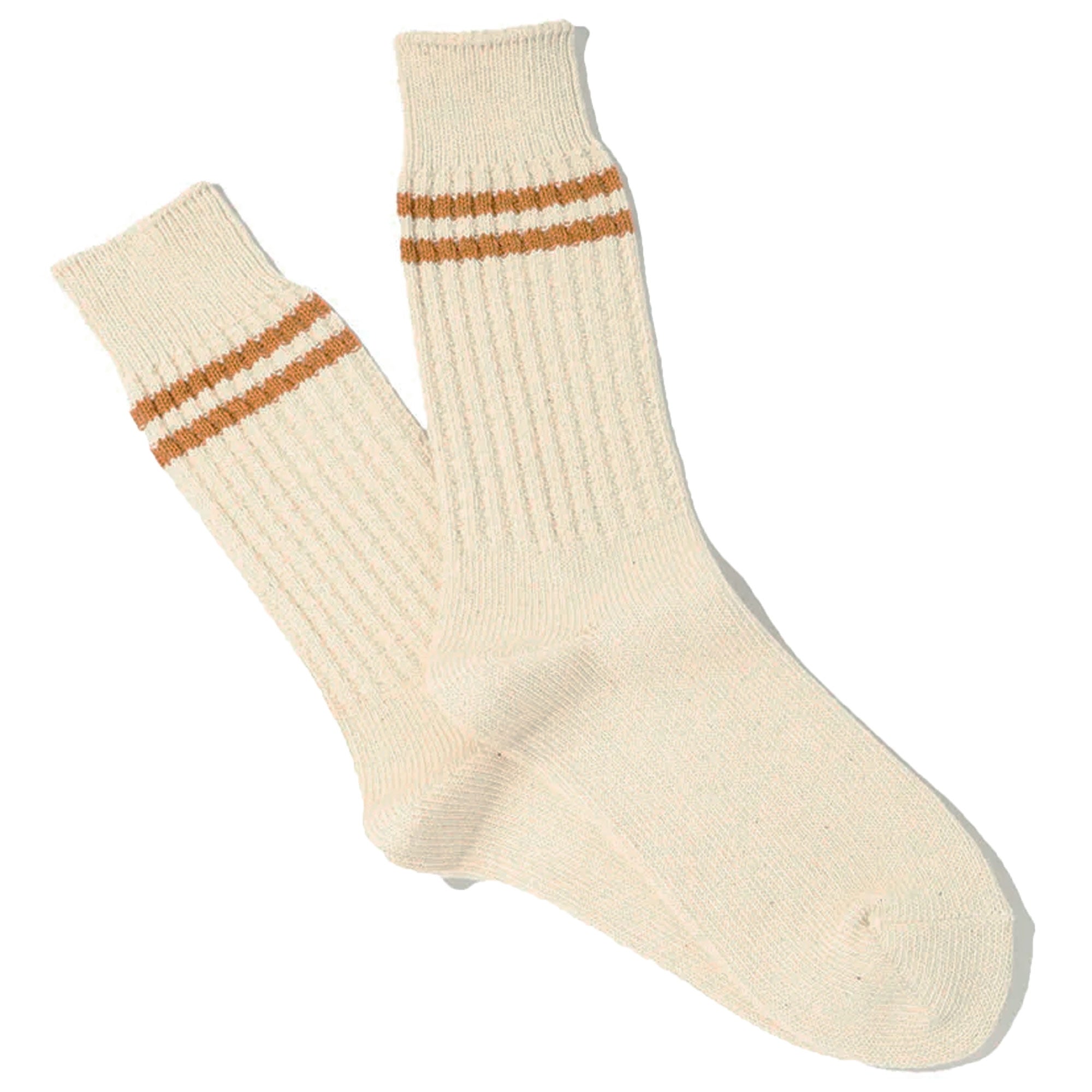 Anonymous Ism Organic Cotton 2 Stripes Pique Knit Socks - Cream/Mustard