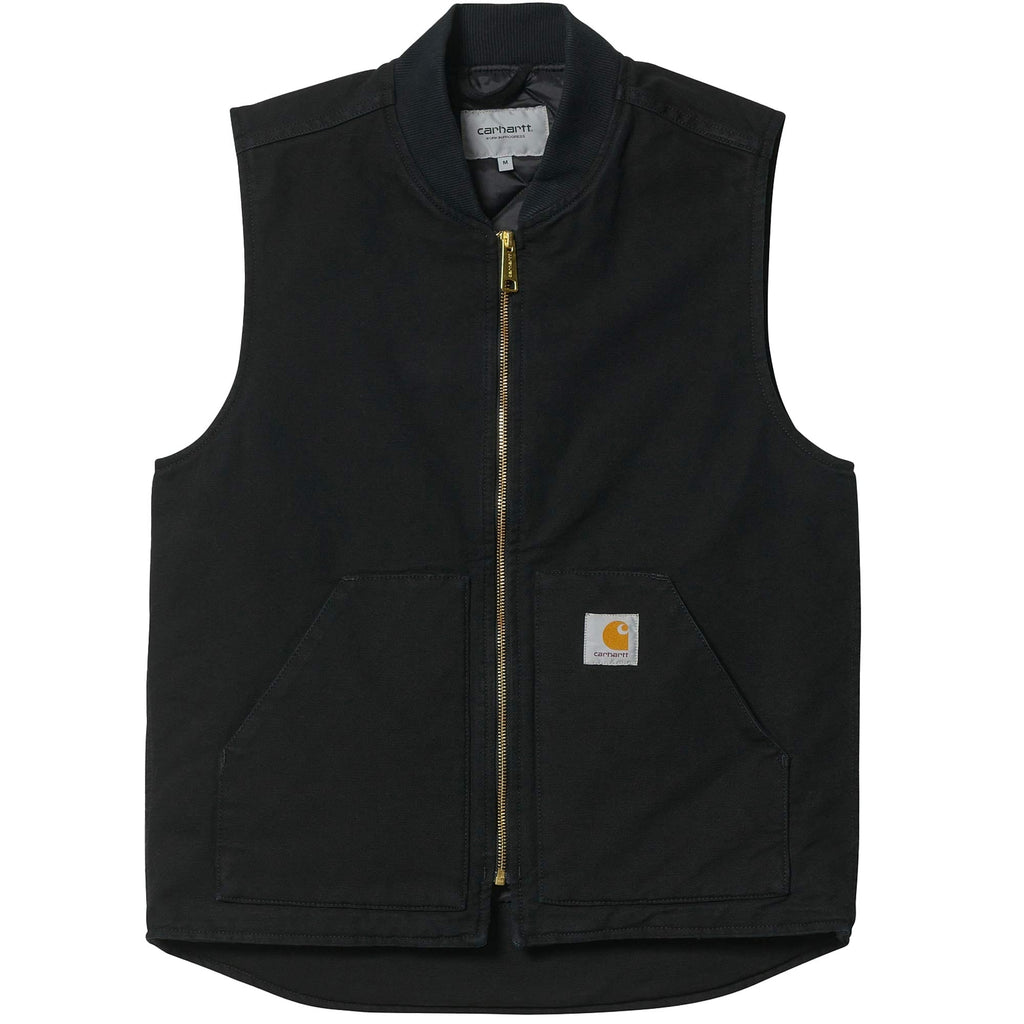 A black Carhartt WIP vest with a gold zip, two front pockets, and the brand logo on the left pocket.