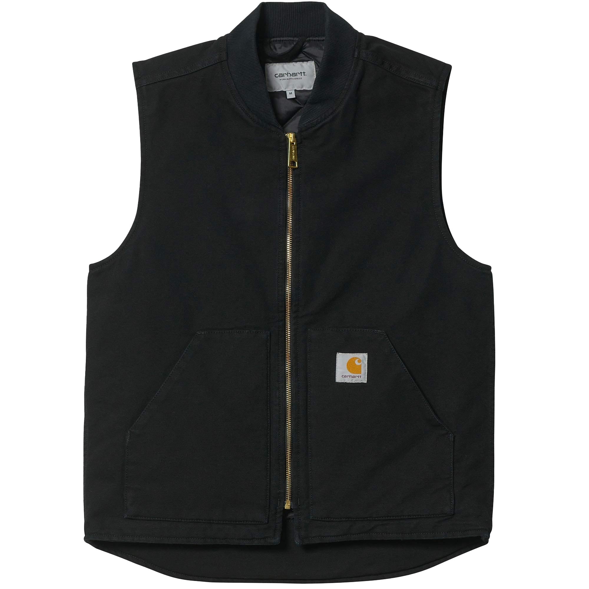 A black Carhartt WIP vest with a gold zip, two front pockets, and the brand logo on the left pocket.