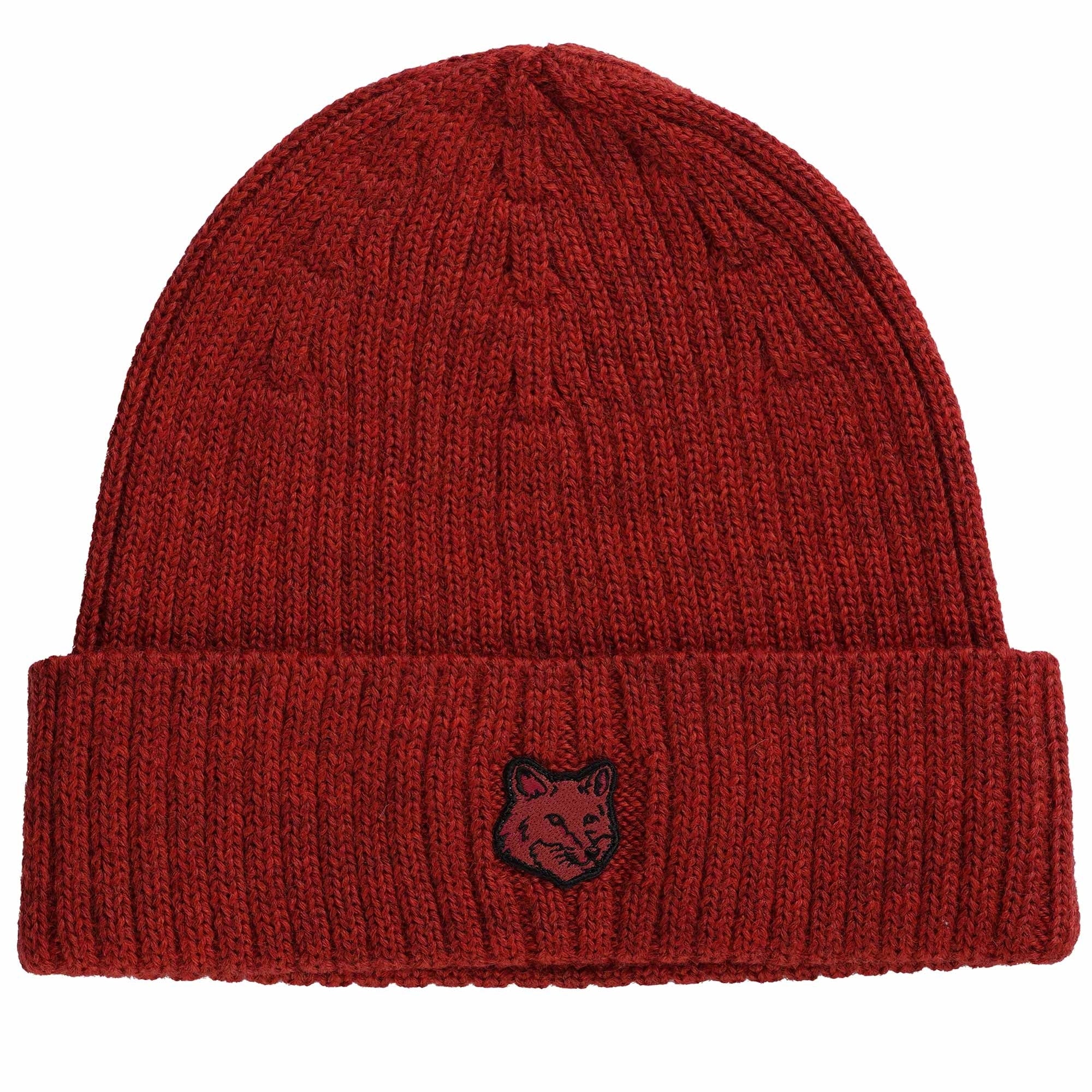 Maison Kitsune Ribbed Logo Wool Beanie - Burnt Red