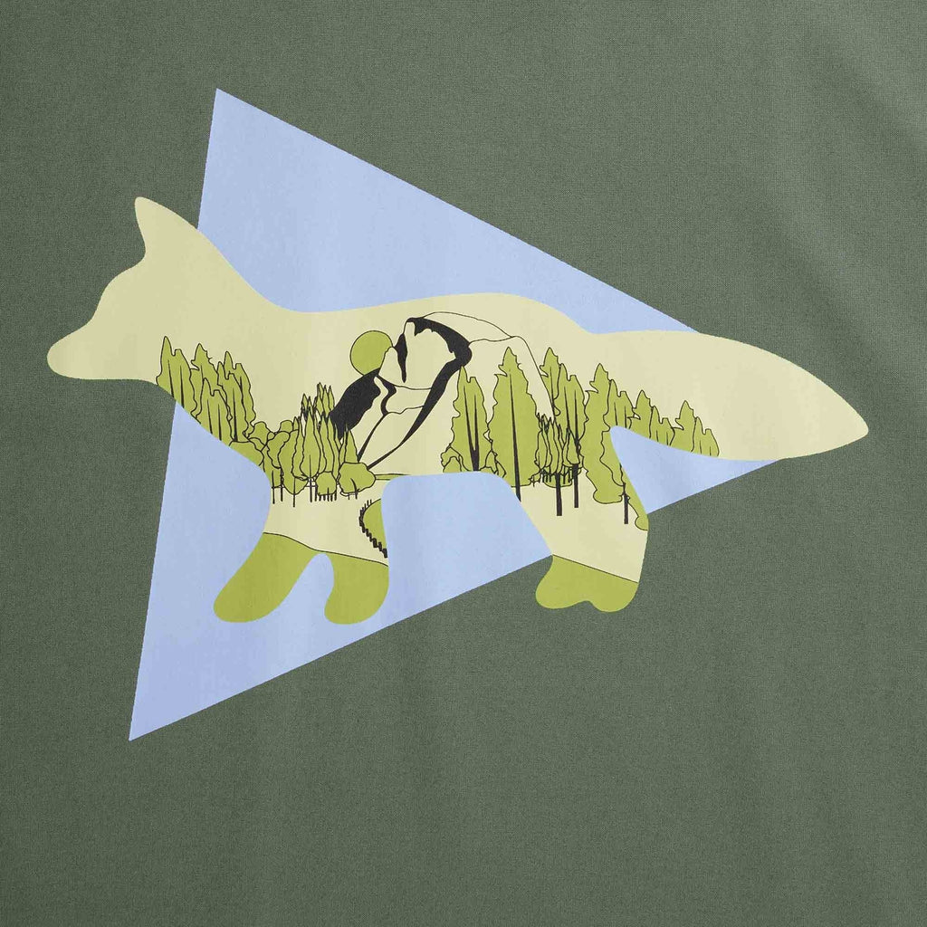 Detailed close-up of the fox graphic on the olive green t-shirt.