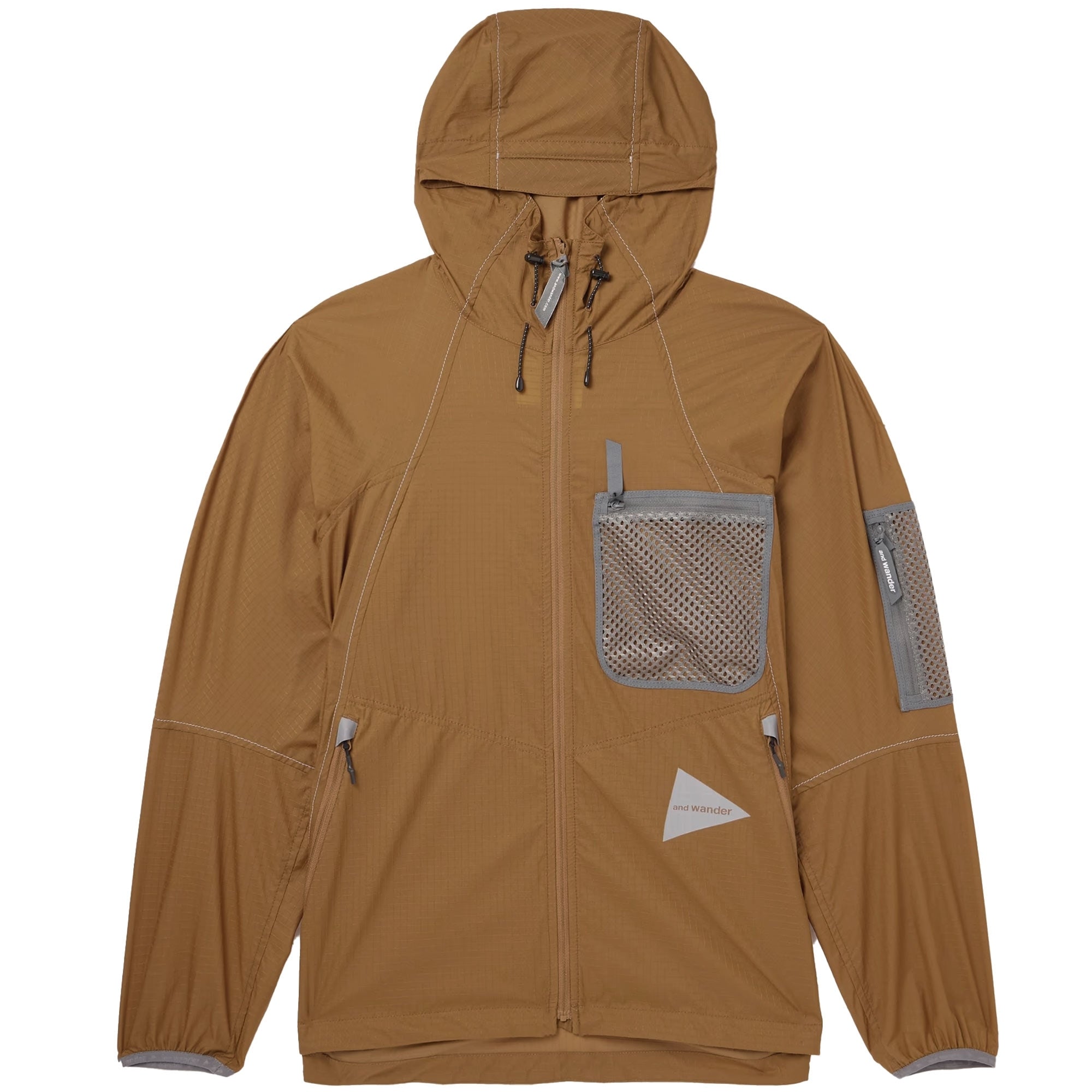 And Wander Mesh-Trimmed Ripstop Hooded Jacket - Brown