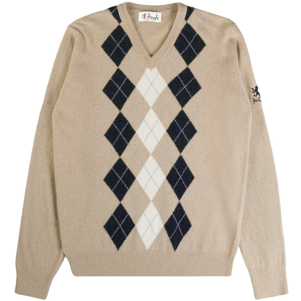 Pringle of Scotland V Neck Argyle Jumper - Camel and Navy