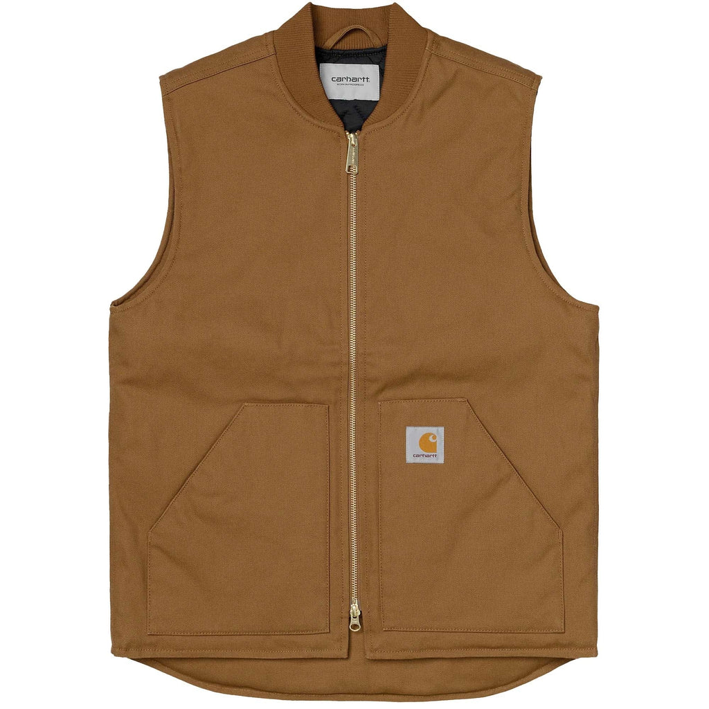Front view of a brown Carhartt WIP vest with a full zip closure and two front pockets.