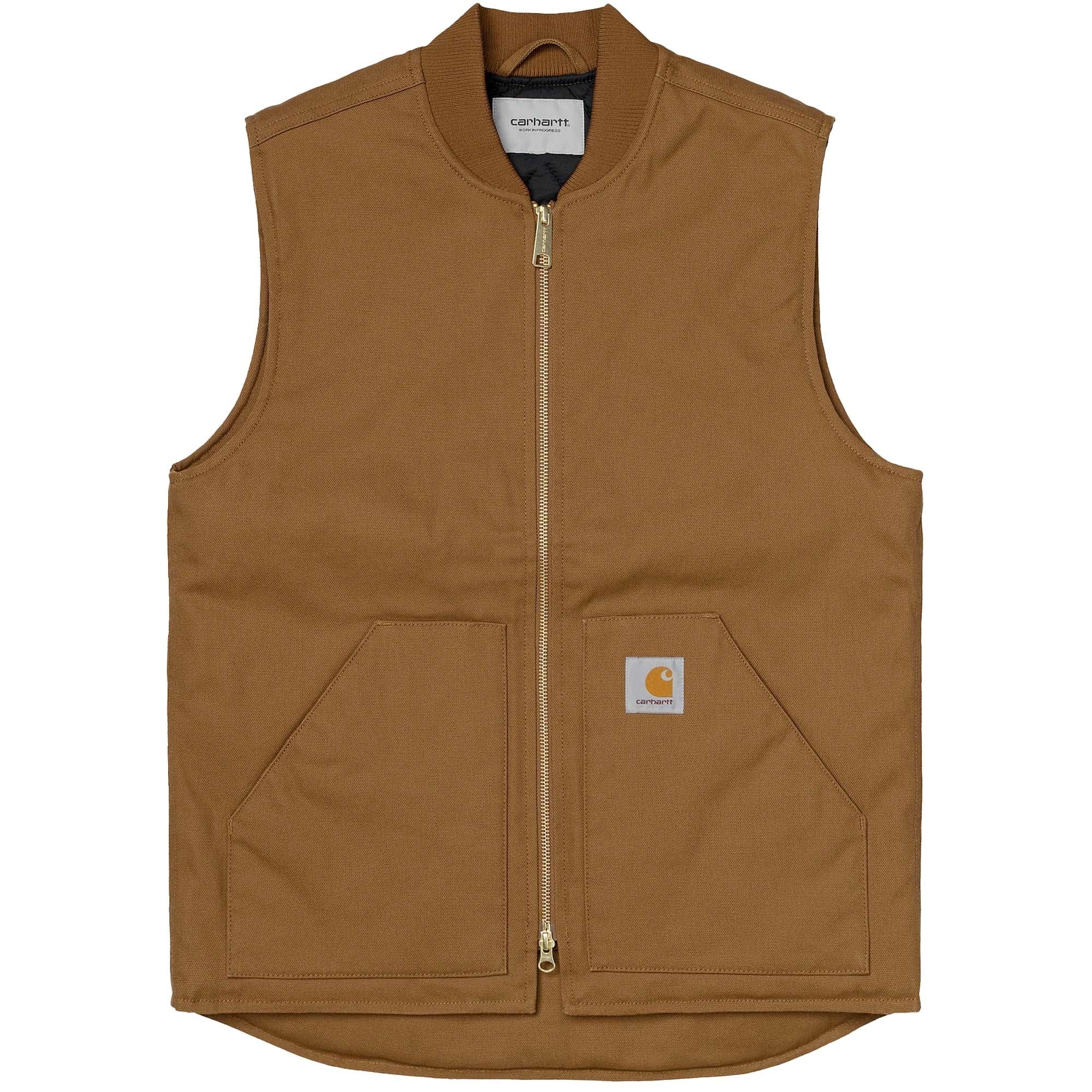 Front view of a brown Carhartt WIP vest with a full zip closure and two front pockets.