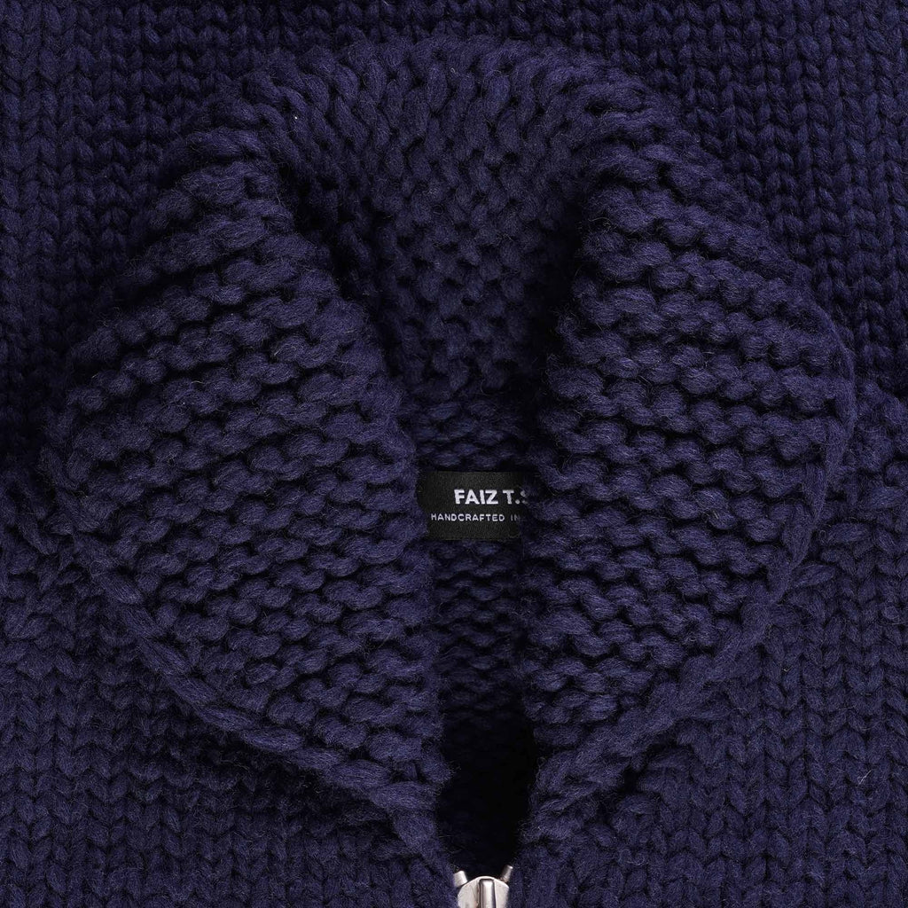 Faiz TS Heavy Weight Hand Knitted Moto Knit Sweater - Navy Blue