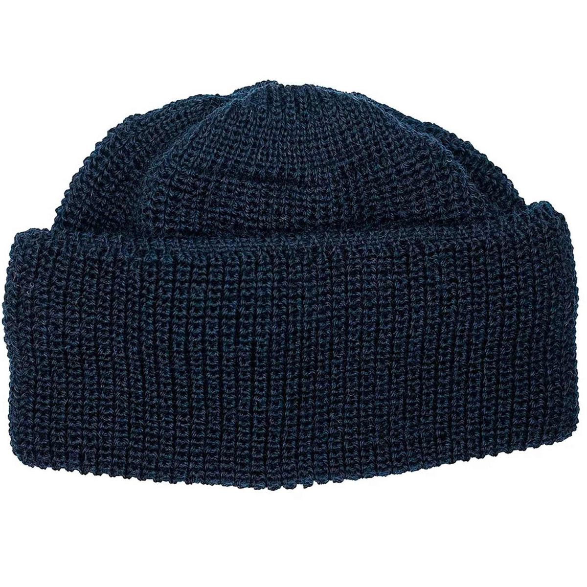 A navy blue knitted beanie hat on a white background, folded at the brim.