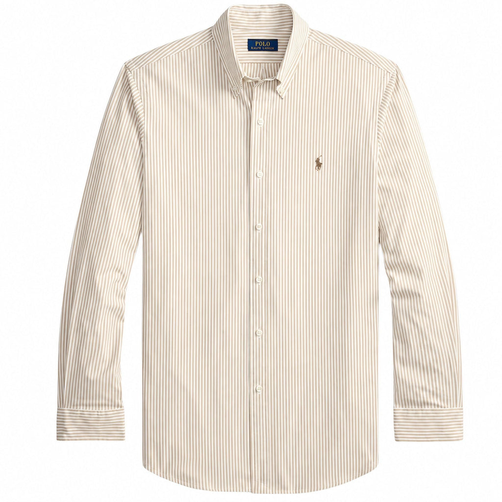 Polo Ralph Lauren Custom Fit Striped Stretch Poplin Shirt  - Khaki/White