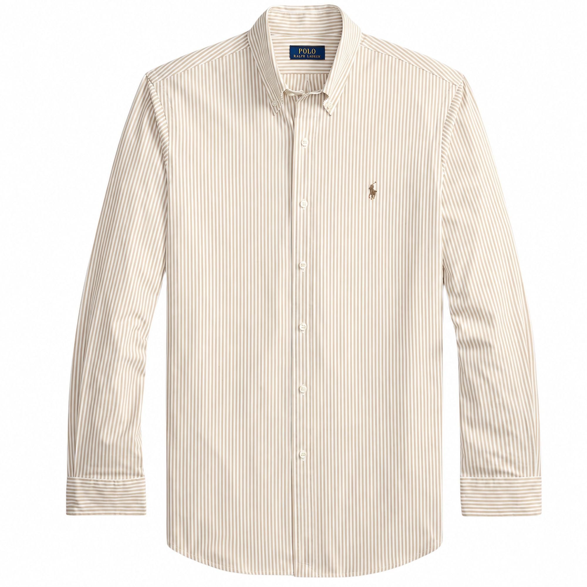 Polo Ralph Lauren Custom Fit Striped Stretch Poplin Shirt  - Khaki/White