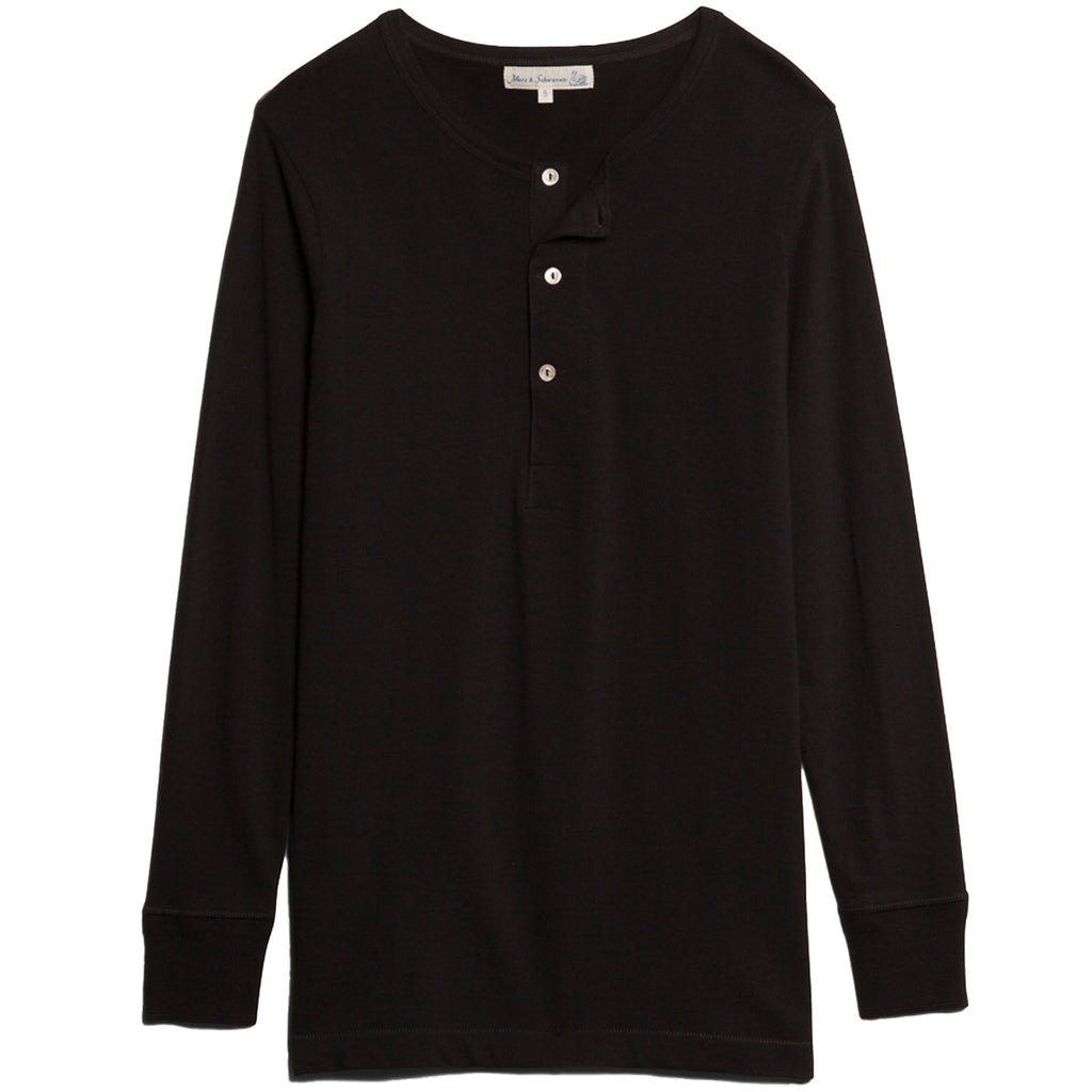 Merz b Schwanen Button Facing Deep Henley Long Sleeve T-Shirt - Black