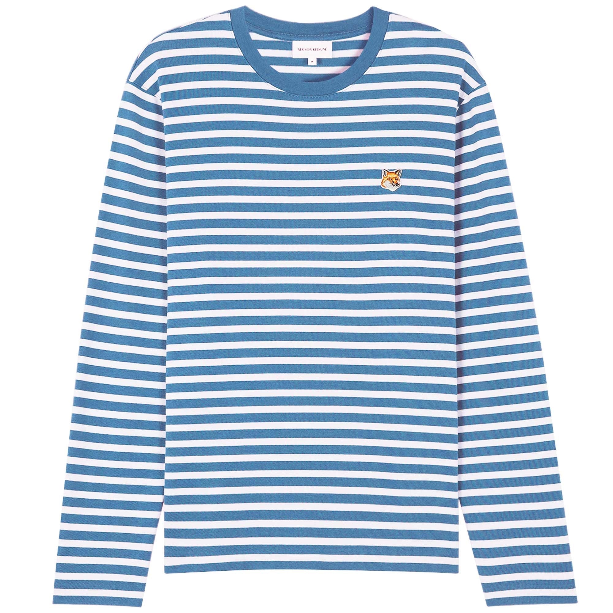 Maison Kitsune Fox Head Patch Striped T-Shirt - Drifter Blue