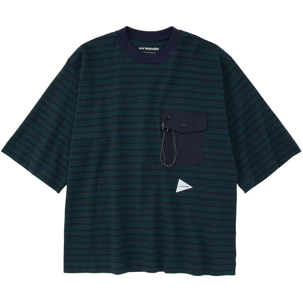 And Wander Striped Short Sleeve Pocket T-Shirt - Green