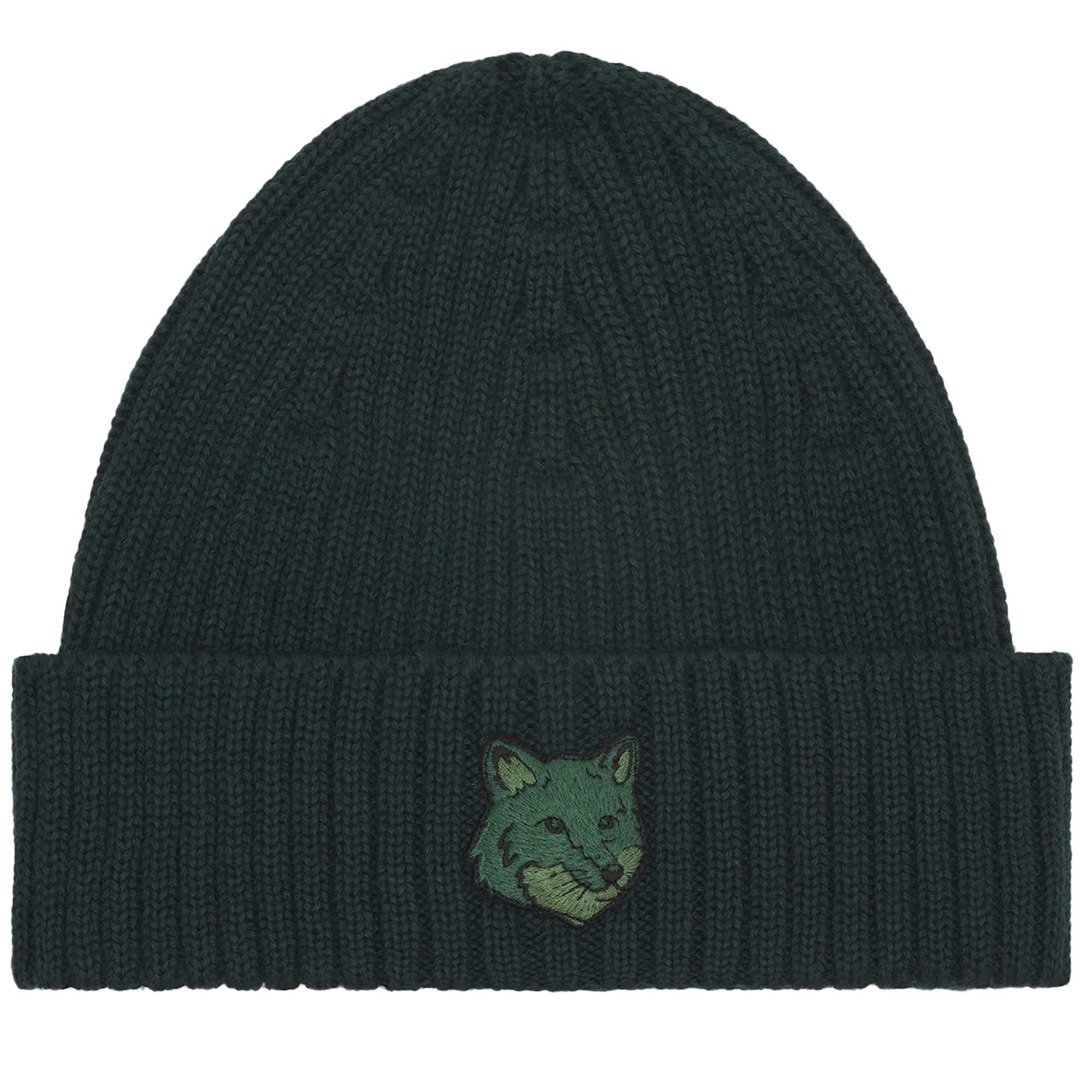 Maison Kitsune Fox Head Patch Beanie - Green