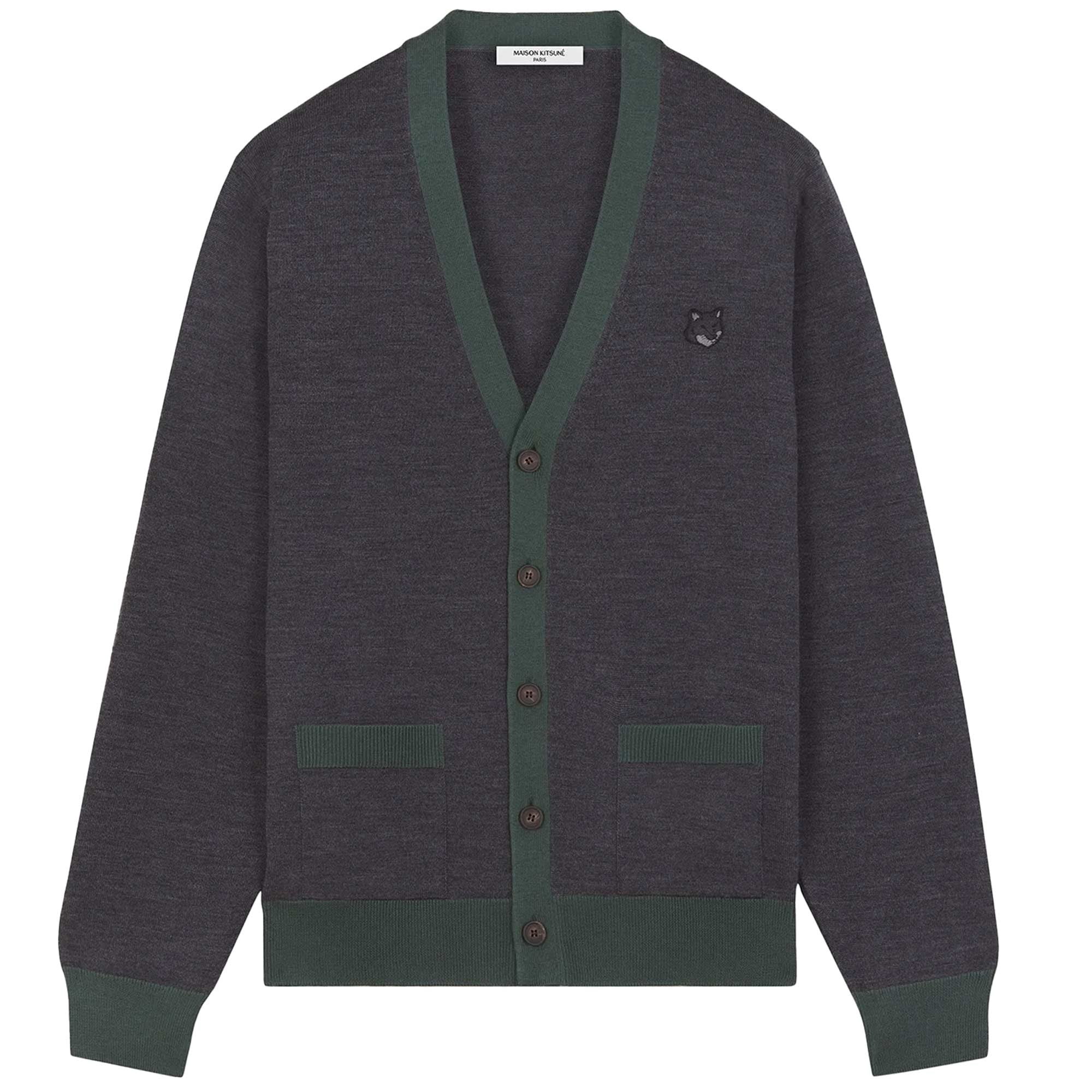 Maison Kitsune Bold Fox Head Patch Bi-Colour Cardigan - Dark Grey