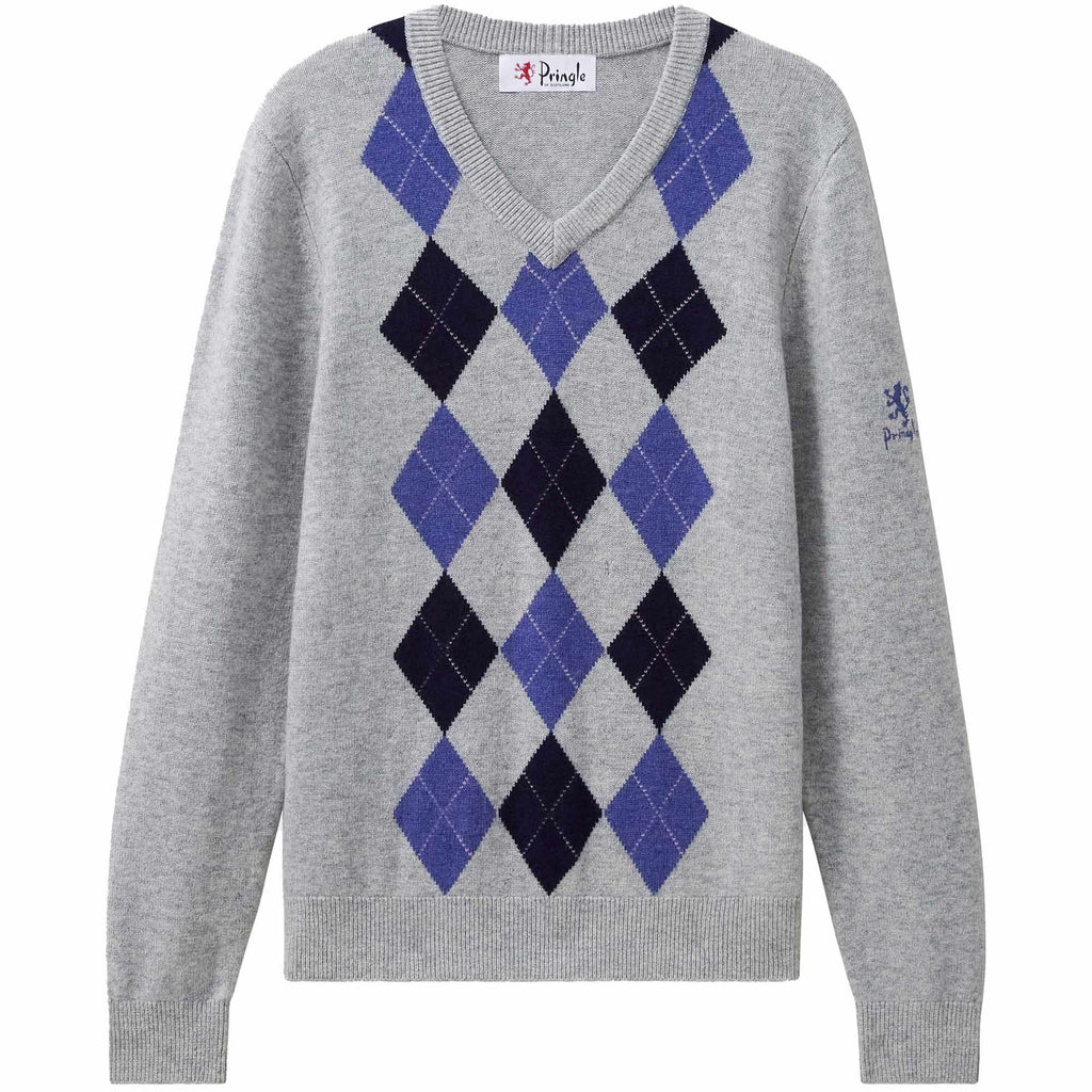 Pringle of Scotland V Neck Argyle Jumper - Light Grey