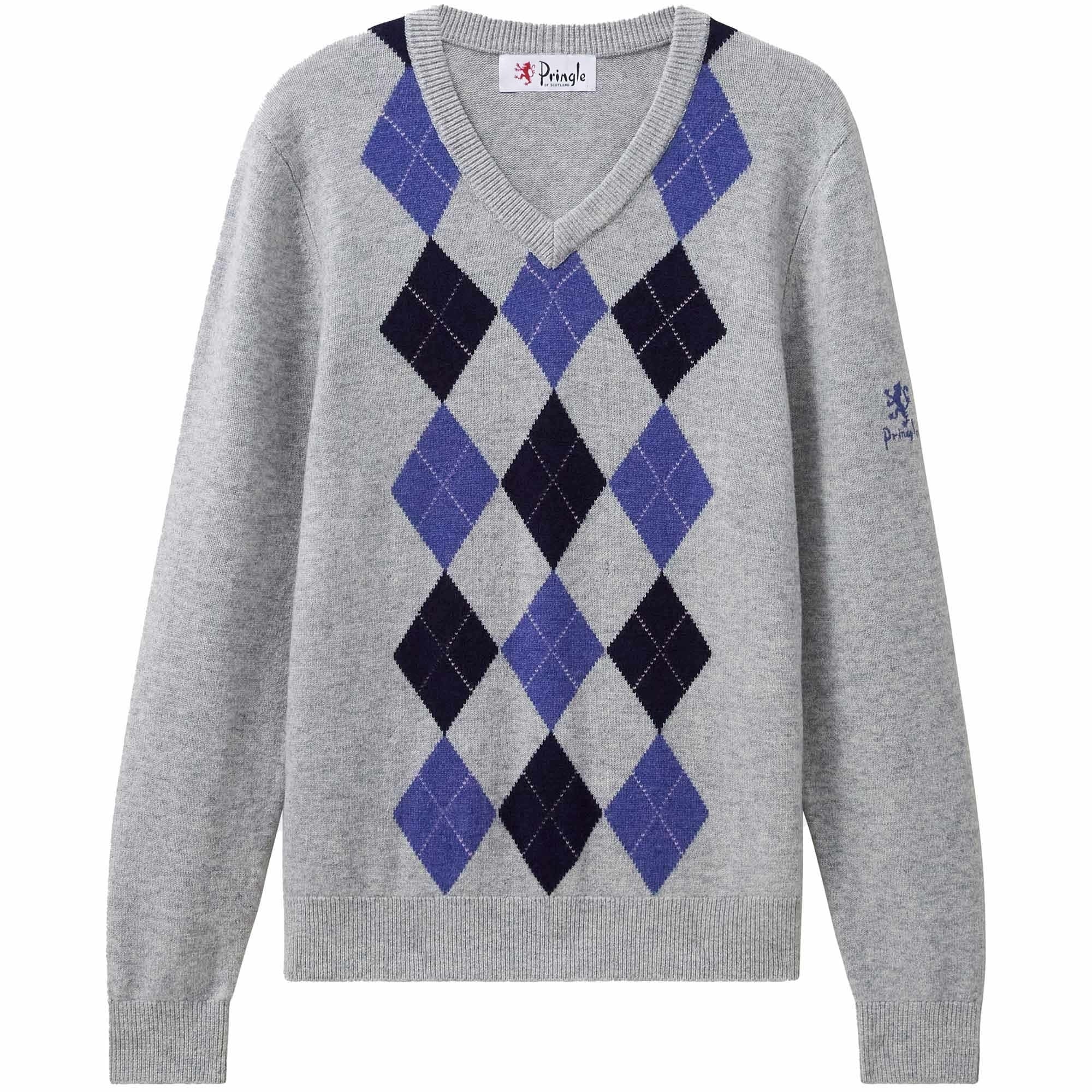 Pringle of Scotland V Neck Argyle Jumper - Light Grey