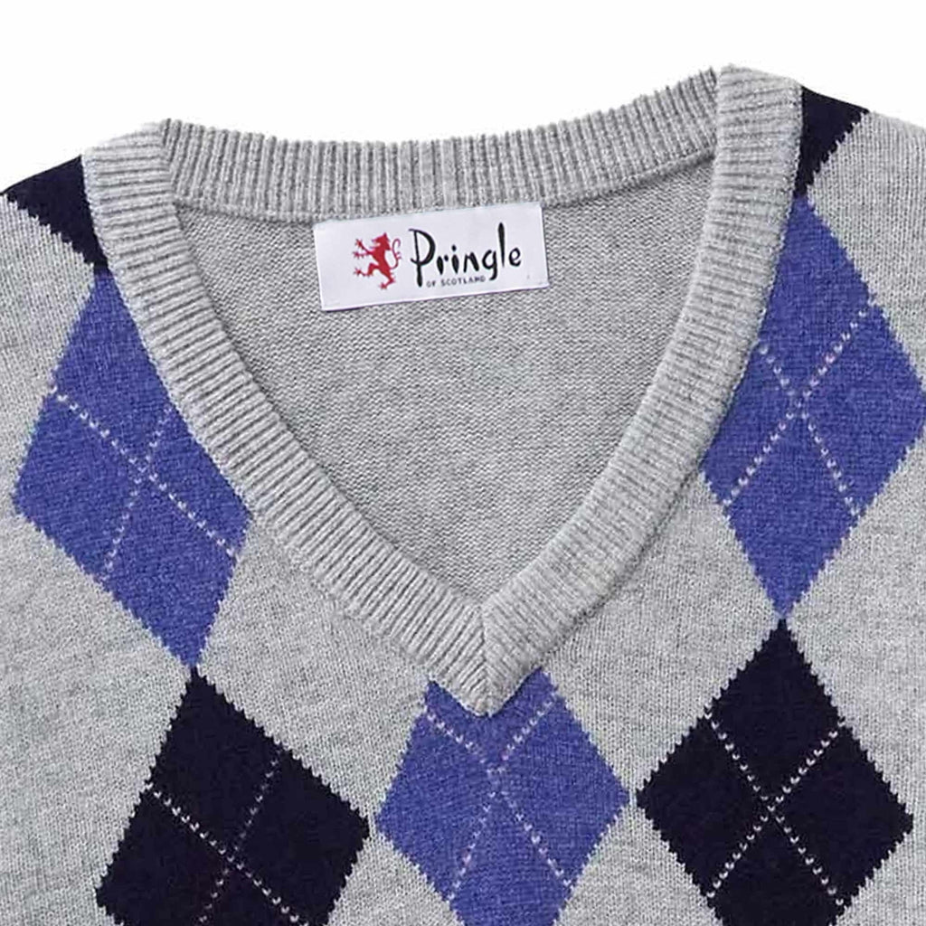 Pringle of Scotland V Neck Argyle Jumper - Light Grey