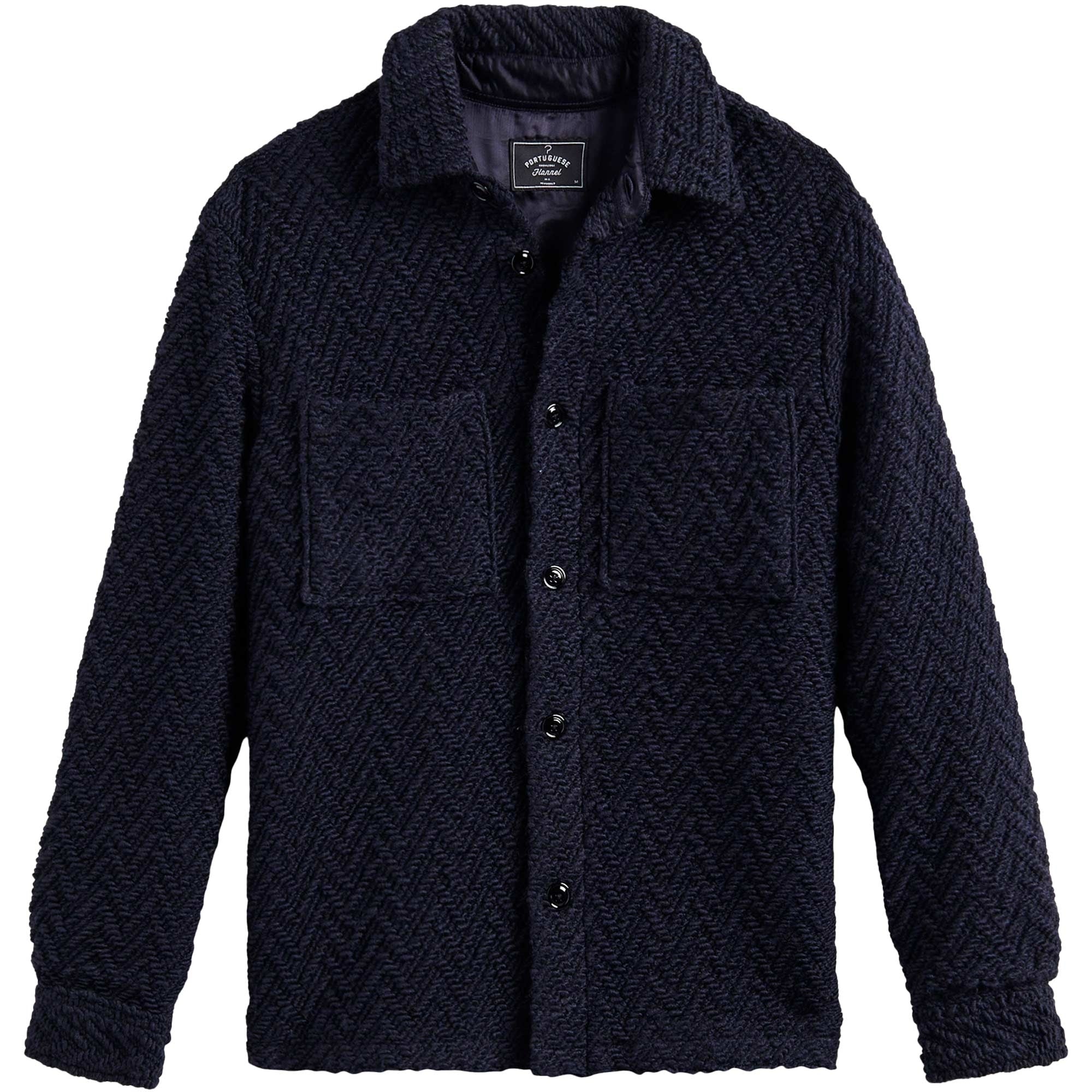 Portuguese Flannel Knitted Herringbone Overshirt - Navy