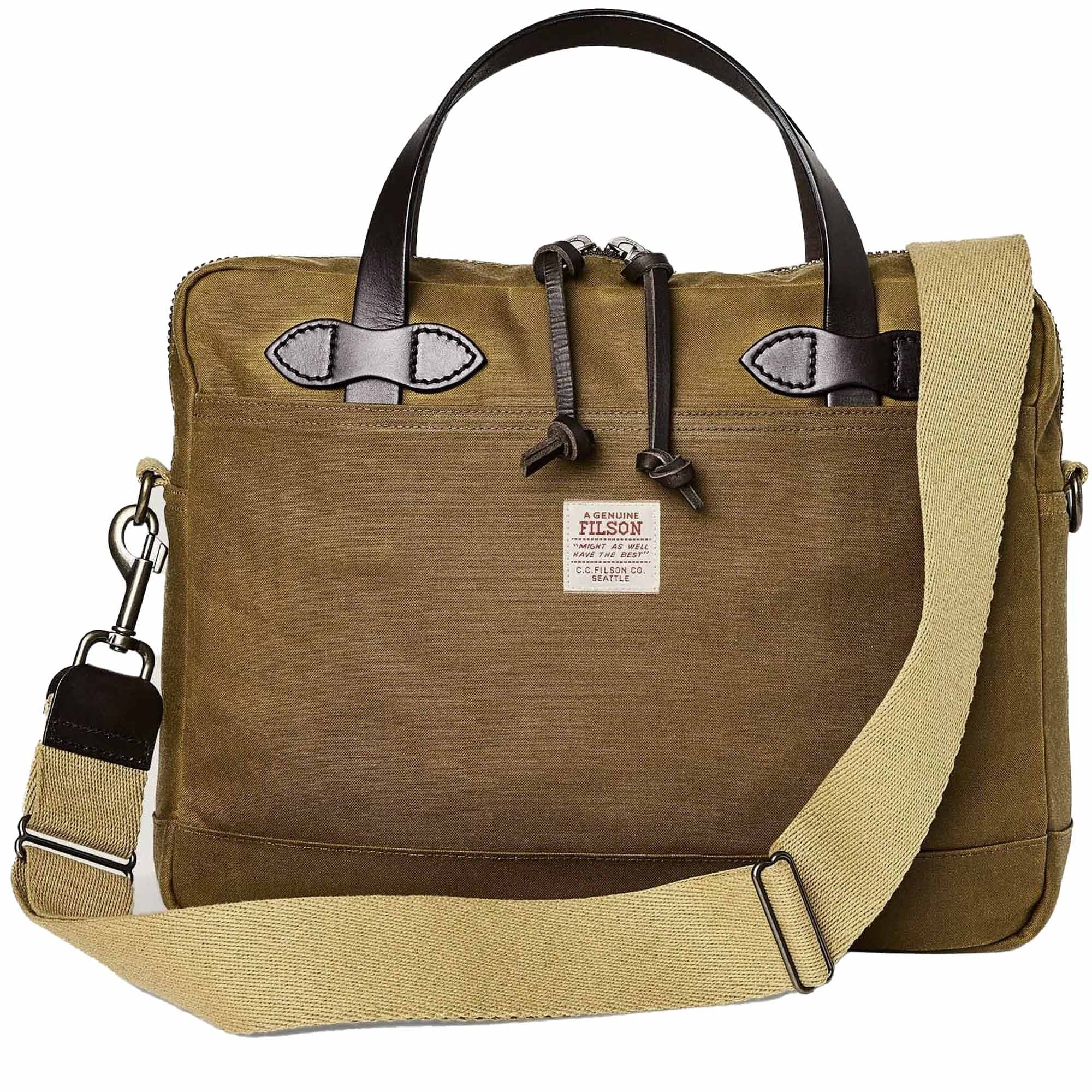 Rugged brown canvas briefcase with leather trim and beige shoulder strap.