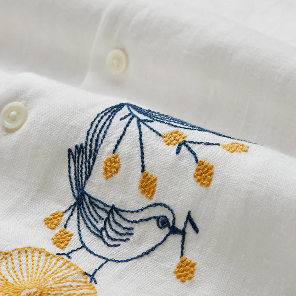 Portuguese Flannel Embroidery Bird and Flowers Shirt - Ecru