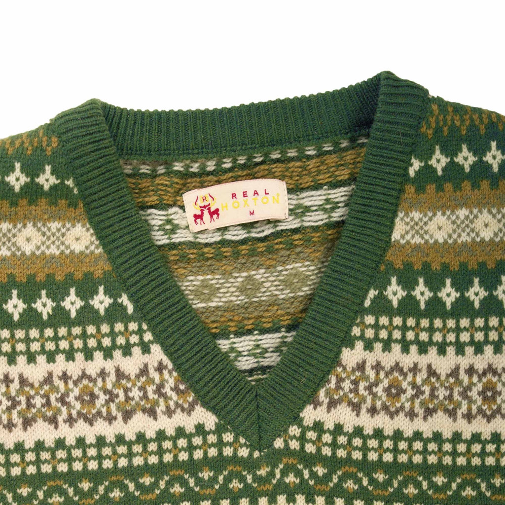 Real Hoxton Fair Isle V-Neck Slipover - Green