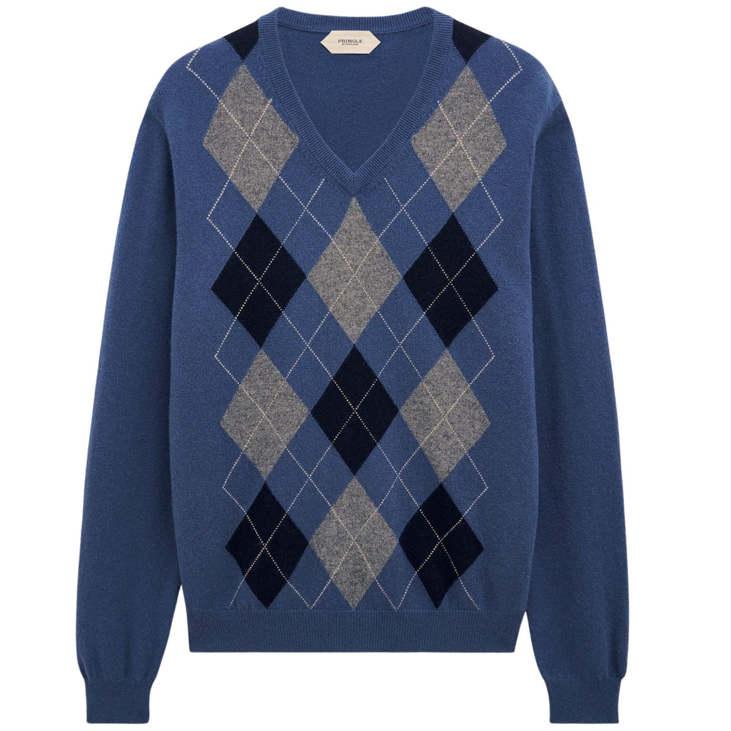 V-neck Cashmere Argyle Jumper - Blue