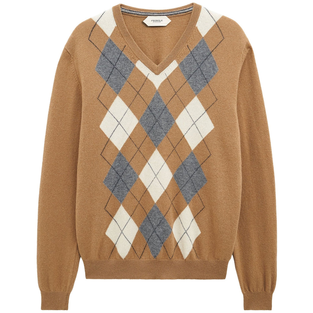 V-neck Cashmere Argyle Jumper - Camel