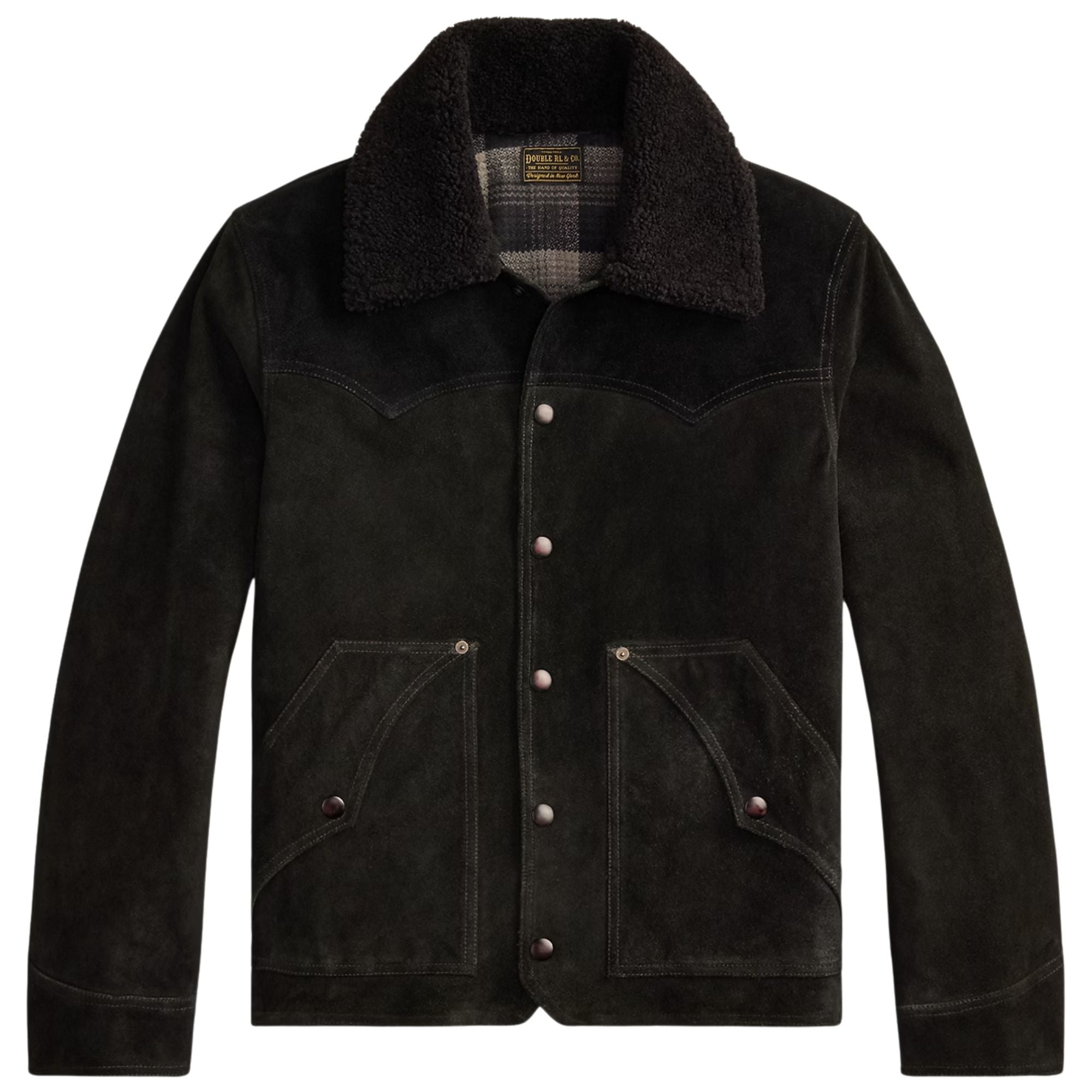 Shearling-Collar Suede Western Jacket - Black