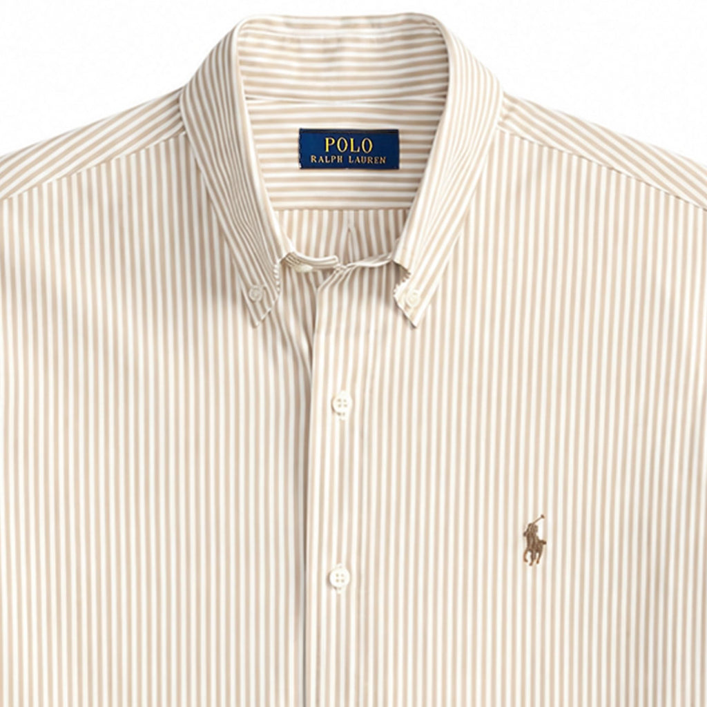 Polo Ralph Lauren Custom Fit Striped Stretch Poplin Shirt  - Khaki/White