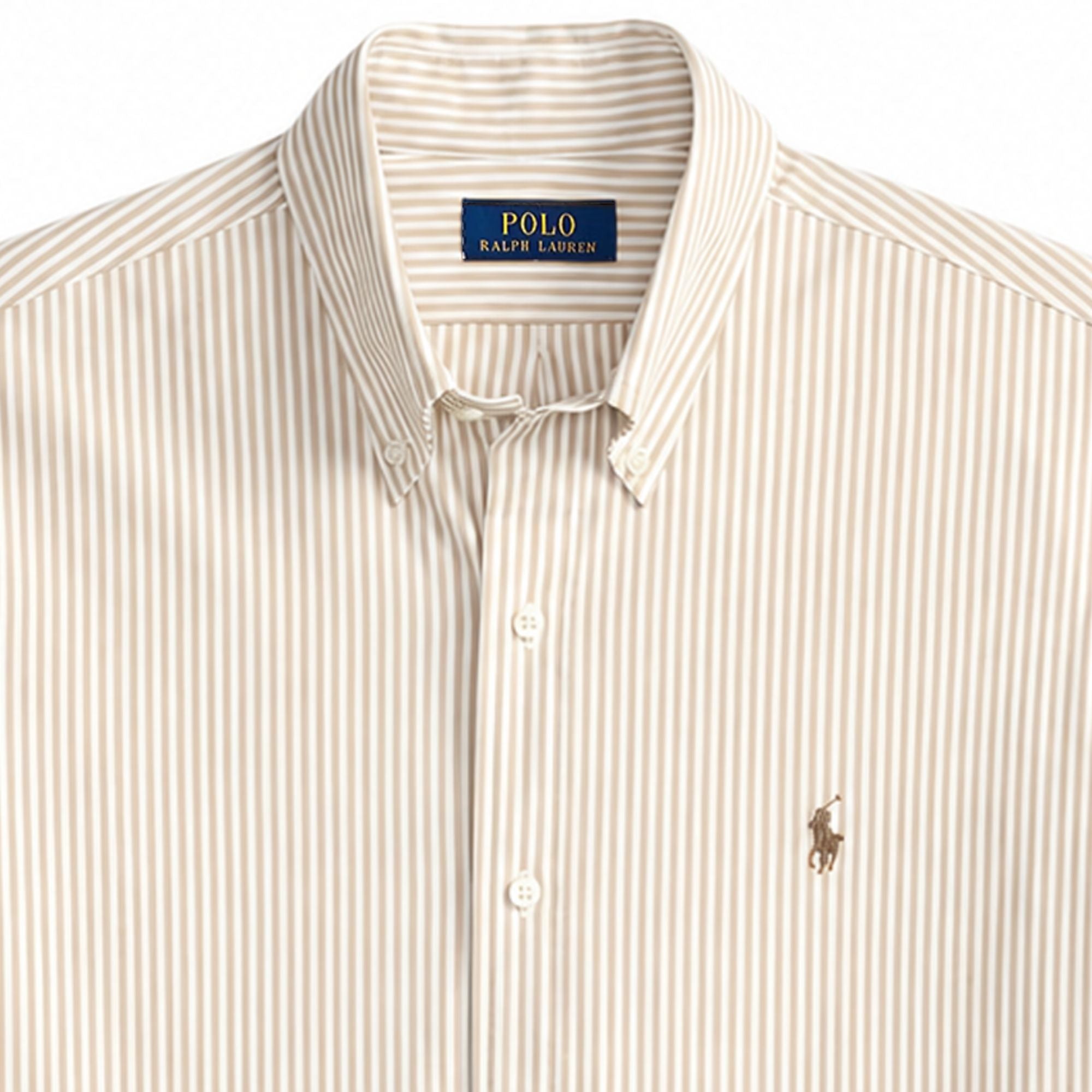 Polo Ralph Lauren Custom Fit Striped Stretch Poplin Shirt  - Khaki/White