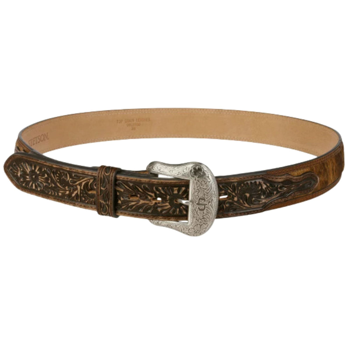 Stetson Hair-on-Hide Tooled Leather Belt - Brown