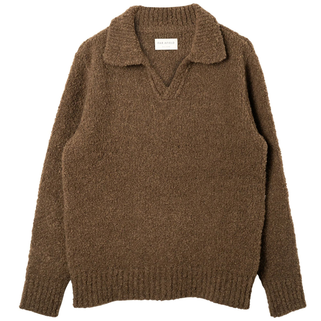 Far Afield Clifford Bouclé Knit Polo Jumper - Brown Boucle