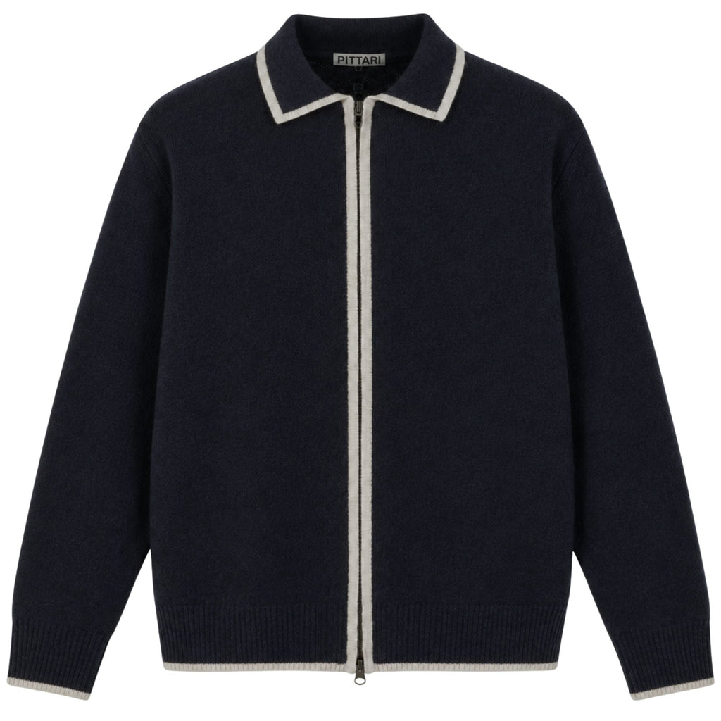 Pittari Lambswool Catch Full Zip Sweater - Navy/Ecru
