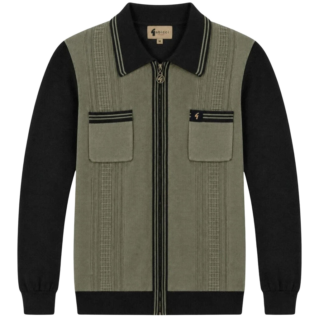 Gabicci Vintage Lucerne Long Sleeve Zip Thru Knit Polo - Khaki/Black